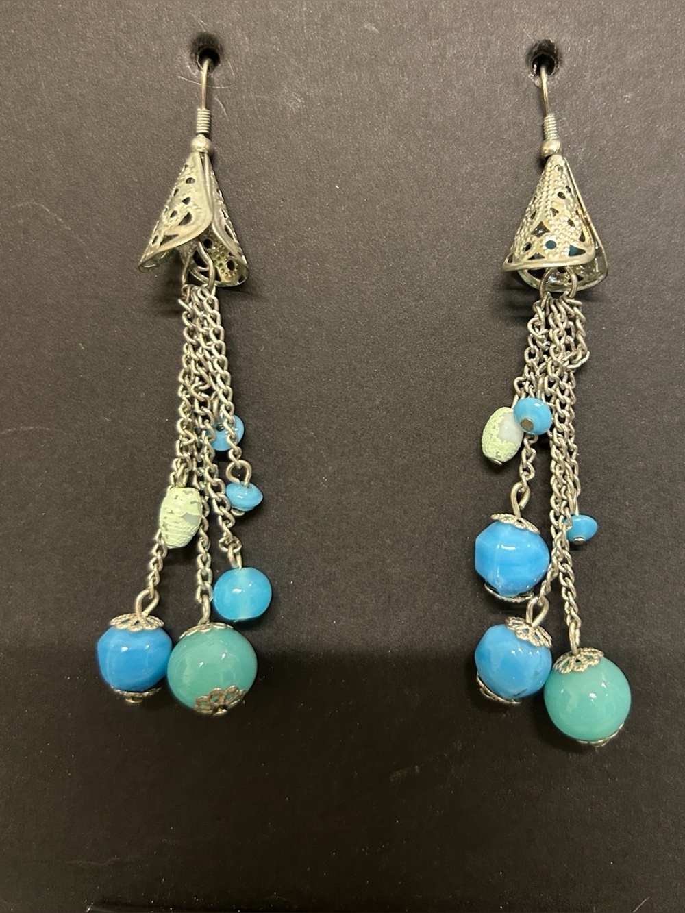 Vintage Style Blue Glass Bead Dangle Earrings Boho Filigree French Hooks